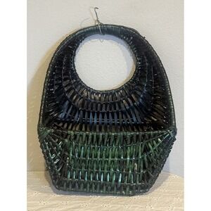 Vintage Woven Wall Basket 15" Green Handwoven Hanging Basket‎ Boho Decor